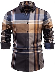 男性用 シャツ ブラウン 長袖 チェック シャツカラー 学校 フォーマル ボタン 衣類 ヴィンテージ 日常 格子