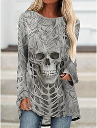 Halloween dámské tričko s grafikou lebek vintage stylové ležérní dlouhý rukáv kulatý výstřih dlouhé topy denní potisk černá šedá jaro podzim