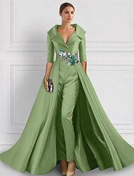 Linha A Longo Bordado com miçangas Vestido formal Vestido para a mãe da noiva Vestidos de noite Elegante Bloco de Cor Split alta Meia Manga Colarinho de Camisa Casamento Formal Cetim com Fenda