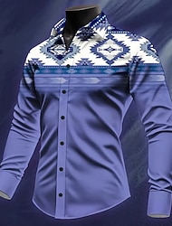 Herren aztekisch Ethnisch Indische Kultur Hemd Westernhemd Cowboy-Shirt Langarm Vintage-Retro Outdoor Urlaub Frühling Herbst Umlegekragen 3D-Druck Leinenähnliches Hemd Violett Purpur Orange Grün