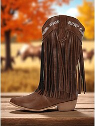 Botas de cowboy femininas de couro sintético marrom com franjas – botas de cano médio bordadas com estilo western, bico quadrado e salto baixo, estilo boho country para rodeios, festivais de música e trajes de outono-inverno