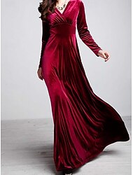 Vestido maxi de terciopelo para mujeres de Navidad vestido ajustado vestido A vestido acampanado fiesta cumpleaños formal boda vestido de invitada liso manga larga cuello en V negro rojo púrpura