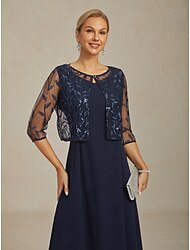 Dam Kavaj Jacka Lättvikt Spets Broderad Paljett Elegant Blommig Formell Årsdag Fest Bröllopsgäst Öppen front Kort Rund halsringning Normal 3/4 ärm Ytterkläder Marinblå Vår Höst