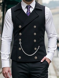Herr Väst Gilet Semester Fest Företag Mode Ledigt Vår Höst Knappar Polyester Bekväm Slät Dubbelknäppt Kavajslag Normal Svart Marinblå Kaffe Väst