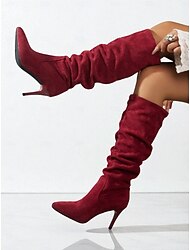 stivali alti fino al ginocchio da donna in finta pelle scamosciata beige con tacco a spillo - calzature alla moda per l'autunno, per outfit eleganti da tutti i giorni e per gli appuntamenti