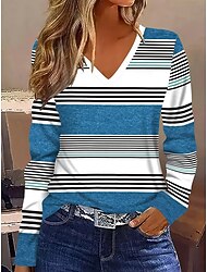 Maglietta da donna a maniche lunghe grafica geometrica a strisce vintage stilosa classica a maniche lunghe colletto a V tops regolari stampa quotidiana blu reale blu cielo primavera autunno inverno