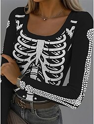 Halloween Kvinnors T Shirt Skalle Grafisk Vintage Stilren Klassisk Lång Ärmd Fyrkantig Hals Reglerad Topp Daglig Tryck Vit Rosa Blå Grön Sommar Vår Höst Vinter