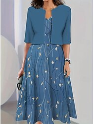 女性用 ドレスセット A ラインドレス カジュアル セミフォーマルドレス フラワー グラフィック プリント ミディドレス ハーフスリーブ クルーネック バケーション デート ホワイト ブルー グリーン 夏 春 レギュラー