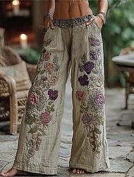 Damen Weites Bein Hosen Hose Palazzo-Hose Vintage Boho Volle Länge Hohe Taille Blume Elastischer Bund Drucken Atmungsaktivität Bequem Straße Alltagskleidung Ausgehen Weiß Frühling Herbst Normale