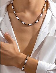 סט שרשרת וצמיד חרוזים בסגנון בוהמי לגברים - תכשיטי חרוזי עץ לבנים, שחורים וחומים לחוף הים, ללבוש יומיומי ומסיבות קיץ