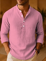 Férfi Ing Vászon ing Popover ing Alkalmi ing Pamut póló Sima Vakáció Hawaii Fekete Fehér Rózsaszín Narancssárga Hosszú ujj Álló gallér Tavasz Ősz Ruházat