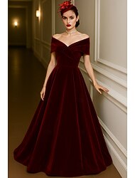 Vestido de Noche A-Line Negro y Rojo Vestido Elegante Boda Formal Largo hasta el Suelo Manga Corta Hombros Descubiertos Bolsillo de Terciopelo con Pliegues