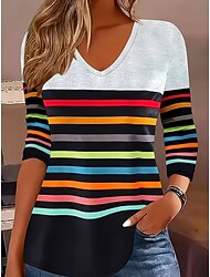 Per donna Maglietta Grafico Geometrico A righe Vintage Elegante Classico Manica Lunga Scollo a V Top Regolari Quotidiano Stampato Grigio Estate Primavera Autunno