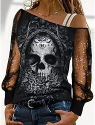 Blusa da donna di Halloween elegante e casual maniche lunghe asimmetrica top regolari a stampa nera estate primavera autunno
