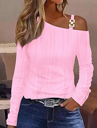 Women's T Shirt Plain Casual Long Sleeve One Shoulder Regular Tops Daily Going out Weekend Black White Pink Summer