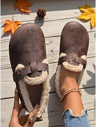 Mocasines anchos con hebilla y forro polar marrón para mujer, zapatos casuales cómodos y cálidos para el hogar o el exterior en invierno.