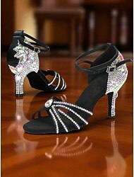 Zapatos de baile latino con diamantes de imitación negros para mujer: tacones brillantes de fiesta de salón con correa en el tobillo para salsa, rumba y eventos nocturnos.