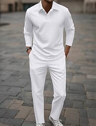 Herr T-shirtkostymer Skjorta och byxuppsättningar 2 delar outfits Långärmad Kavajslag Vår Höst Slät Mode Ledigt Jacquard 2 st Semester Dagliga kläder Utekväll Svart Vit Kaki Topp t-shirt för män