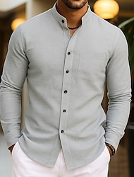 Voor heren Overhemd Wafel Shirt Normaal shirt Overhemd met bandkraag Overhemd met knopen Zwart Wit Wijn Groen khaki Lange mouw Effen Mandarijn Kraag Dagelijks Uitgaan Kleding Modieus Modern Casual
