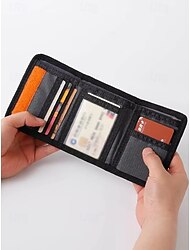 męski płócienny portfel składany na trzy części z wieloma przegródkami na karty, kieszonką na monety zapinaną na zamek i zapięciem na rzep – lekki i swobodny styl dla studentów, na podróże i do codziennego użytku