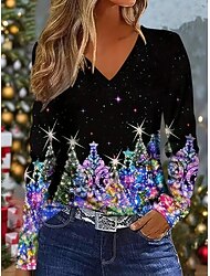 Natale Per donna Maglietta Grafico Natale Vintage Elegante Classico Manica Lunga Scollo a V Top Regolari Quotidiano Stampato Nero Primavera Autunno Inverno
