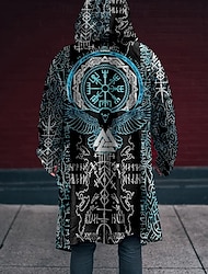 男性用 バイキング 冬物コート フリースの上着 コート 保温 快適 ヴィンテージ カジュアル デイリーウェア ジッパー ポケット 3Dプリント 秋 冬 フード付き 長袖 ブルー