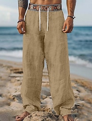 Men's Linen Pants Trousers Summer Pants Beach Pants Drawstring Patchwork Elastic Waist Geometric Comfort Breathable Full Length Casual Daily Holiday Vacation Fashion Green Khaki