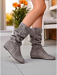 מגפי נשים רפויים עד אמצע השוק עם עיצוב חיתוך פרחוני, סגנון בוהו קז'ואל לרחוב סתיו וללבוש יומיומי