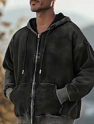 Men's Full Zip Hoodie Pullover Hoodie Sweatshirt Distressed Hoodie Black Hooded Plain Pocket Casual Daily Going out Streetwear Casual Fall & Winter Clothing Apparel Hoodies Sweatshirts 