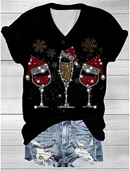 Jul kvinnors T-shirt grafisk vintage stil klassisk kort ärm V-hals vanlig toppar dagligt tryck svart+vit+röd svart och grå svart rosa khaki sommar vår höst vinter