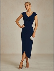 Women's Maxi Dress Sheath Dress Elegant Regular Fit Solid Color Short Sleeve V Neck Navy Blue Summer Spring