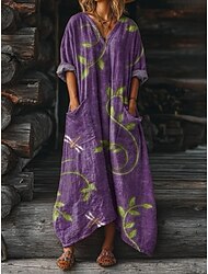 Női Maxi Ruha Boho Nyári Ruha A Vonalú Ruha Vakáció Hétköznapi  Születésnap Napi Ünnep Laza Fit Virágos Hosszú Ujjú V Nyak Sárga Piros Kék Lila Tavasz Ősz