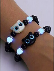Women's Halloween Glow in the Dark Cat Beaded Bracelet – Cute Black and White Kitty Charm Stretch Wristband Jewelry for Party, Cosplay and Gifts