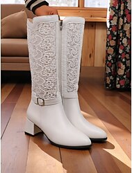 バックルストラップとブロックヒールを備えた女性用の白いレースパネルニーハイブーツ、エレガントなヴィンテージウェディング &パーティーファッションブーツ