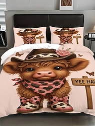 schattige bloemen hooglandkoe 3-delige dons dekbedovertrekset voor groot bed, zachte korte pluche dekbedovertrek met 2 kussenslopen - beddengoed voor hotelkamers, gezellig & comfortabel