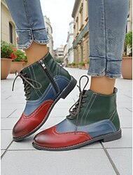 Botines oxford con bloques de color para mujer con diseño de cordones y cremallera lateral, botas casuales de moda estilo brogue vintage de los años 50 para uso diario. &atuendo de calle