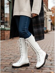 Ghete militare albe pentru femei, cu șireturi, clasice, casual, preppy, din piele ecologică, la mijlocul gambei, pentru birou, ținute casual și activități în aer liber