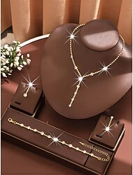 Conjunto de joyas de diamantes de imitación dorados para mujer: elegante collar en forma de Y y pendientes colgantes. &Pulsera, accesorios de cristal brillante para bailes de graduación, fiestas.