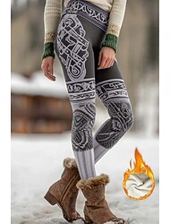 Women's Viking Boho Fleece Lined Leggings Leggings Vacation Vintage Ethnic Style Full Length High Waist Geometric Pattern 3D Print Thermal Warm Windproof Comfy Stretchy Home Daily Yellow Light Purple