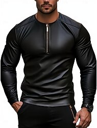 Men's PU Leather T Shirt Long Sleeve Crew Neck Round Neck Winter Spring & Fall All Seasons Solid Color Knitwear Daily Casual Zip Up Crewneck Outdoor Causal Casual Black Top Tee for Men