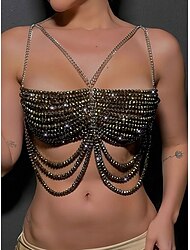 reggiseno a catena con strass da donna - gioielli con catena sul petto con cristalli scintillanti per feste di Capodanno audaci, serate in discoteca &balli in maschera