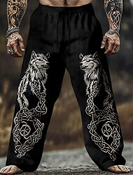 Voor heren Wolf Viking Keltische kunst Broek Vrijetijdsbroek Wijde broek Medium Taille Vintage Retro Casual Buiten Elastische tailleband met trekkoord Linnen broek met zakken Lente Herfst 3D-afdrukken