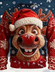 Lelijke kersttrui Voor heren Eland Afdrukken Trui Gebreid Ronde hals Casual Vakantie Dagelijks Houd Warm Lange mouw Lente Herfst Winter Zwart Rood blauw