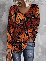 Dam T-shirt Mönster Grafisk Fjäril Vintage Stylish Ledigt Långärmad V-hals Vanliga toppar Dagligen Blå Purpur Orange Grön Vår Höst
