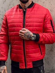 Men's Winter Coat Puffer Jacket Pocket Polyster Vacation Daily Wear Date Regular Fashion Casual Comfortable Thermal Warm Fall & Winter Solid / Plain Color Black Red Blue Army Green Puffer Jacket