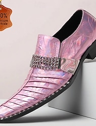 Zapatos sin cordones de cuero morado iridiscente para hombre con detalle de cadena, zapatos de boda formales únicos para novios, padrinos de boda y fiestas de bodas, calzado elegante para una moda nupcial audaz.