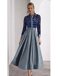 Linea ad A Lunghezza alla caviglia Perline ricamate Abito Camicia Vestito da Festa Abito da cerimonia per signora Manica Lunga Colletto a Camicia Collo Alto Elegante Brillanti Spacco Alto Formale