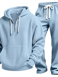 Herr Huvtröja Träningsoverall Våffla hoodies Huvtröja & byxor Uppsättning Luvtröja Dagligen Utomhus Semester Dagliga kläder Snörning Halv dragkedja Slät Vinrött Marinblå Purpur Sportkläder Sport Mode