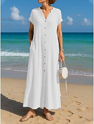 Rochie maxi din bumbac și in pentru femei rochie în linie A rochie de vară casual lejeră simplă cu mânecă scurtă decolteu în V albastră neagră albă cămilă vară