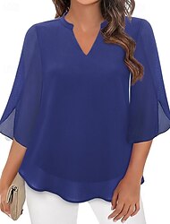 Dam Blus Chiffong toppar Lappverk Slät Elegant Stylish Ledigt Halvlång ärm V-hals Vanliga toppar Dagligen Helgdag Utekväll Svart Vin Rubinrött Marinblå Grön Sommar Vår Höst
